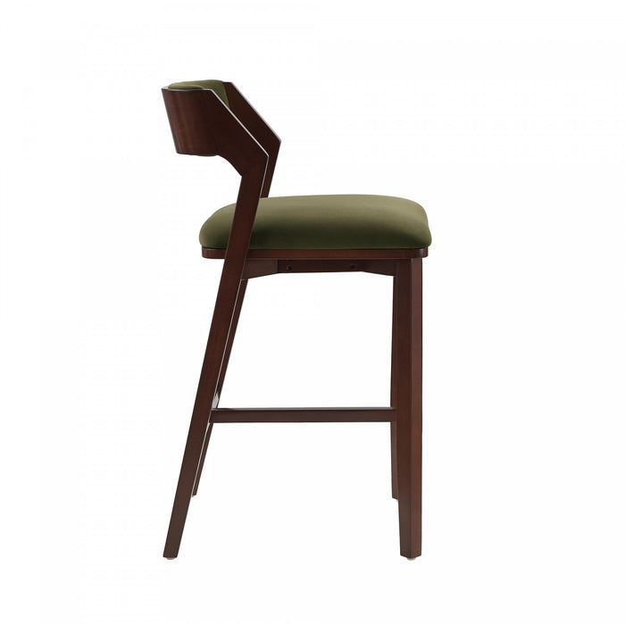 Tabouret de bar moderne en bois Patricia avec revetement en tissu vert tortue - Lot de 3