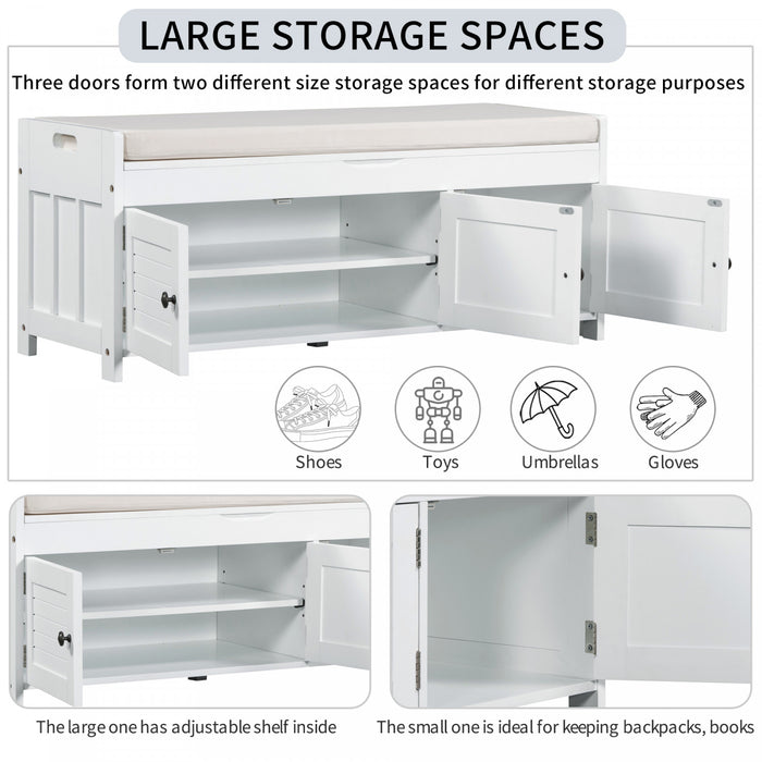 Banc De Rangement Olivia En Pin Avec Meuble A Chaussures 3 Portes Et Compartiment Cache, Blanc