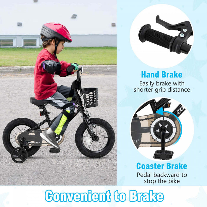 Costway 12\" Velo Pour Enfants Avec Roues D'entrainement Guidon Et Frein A Main Reglable Noir