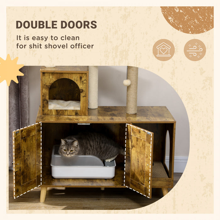 Pawhut Boite A Litiere Avec Tour D'arbre A Chat, Meubles De Toilette Caches Pour Chat Avec Condo, Griffoirs, Grande Plate-forme, Hamac Et Coussin Moelleux, Marron Rustique