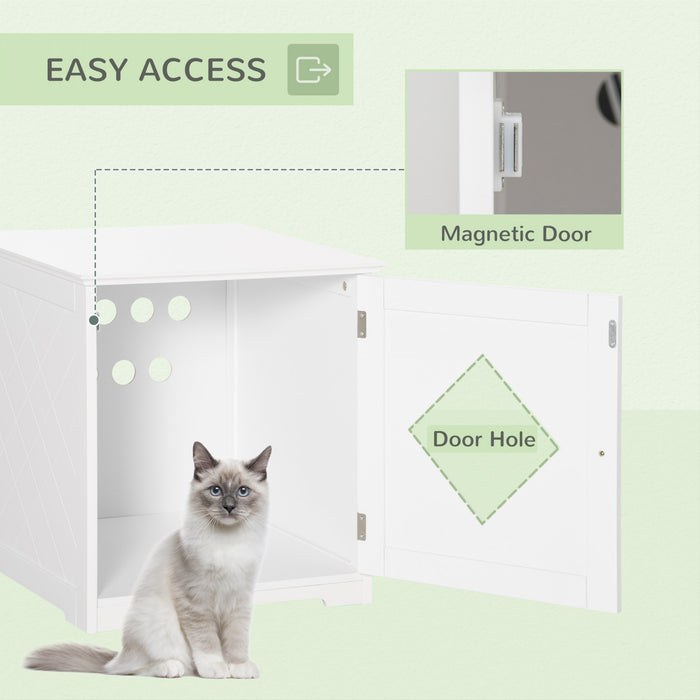 Pawhut Table D'extremite Pour Bac A Litiere, Toilettes Interieures Pour Chats Avec Porte Magnetique, Table De Nuit Pour Bac A Litiere Cache Avec Grand Plateau, Montage Facile, Blanc