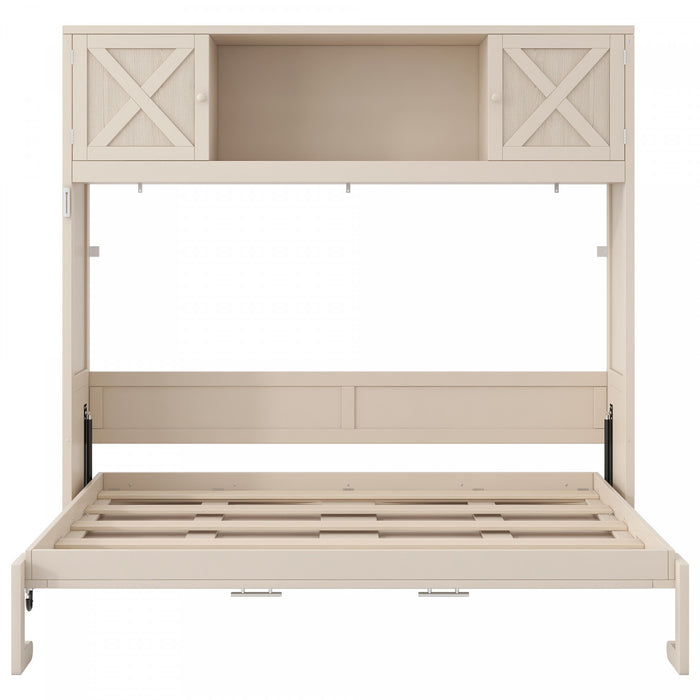 Lit escamotable Ethan en bois massif avec armoires de rangement, taille full, beige