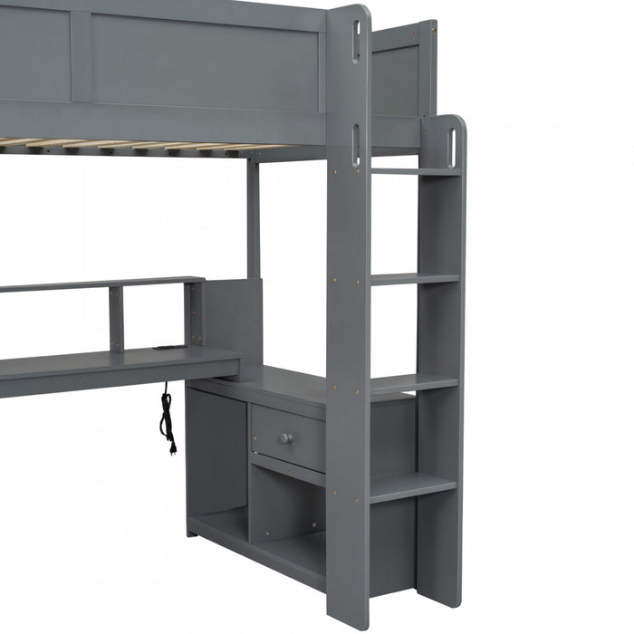 Jackson – Lit Mezzanine Simple En Bois Massif Avec Bureau, Etageres De Rangement, Eclairage Del Et Station De Recharge – Gris Fonce