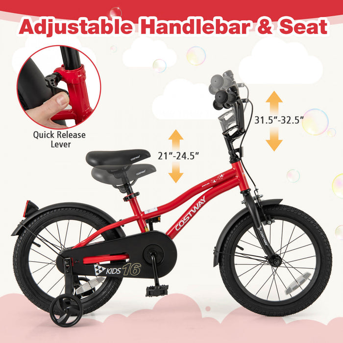 Velo Costway 16\" Pour Enfants Pour Garcons Et Filles De 4 A 7 Ans Avec Reflecteurs Reglables De Frein A Main De Siege Rouge
