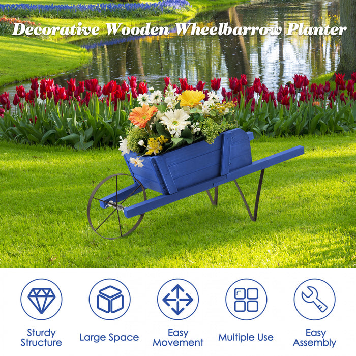 Costway En Bois Wagon Planter Decoratif Interieur/exterieur Rustique Fleur Chariot Avec Roue Bleu