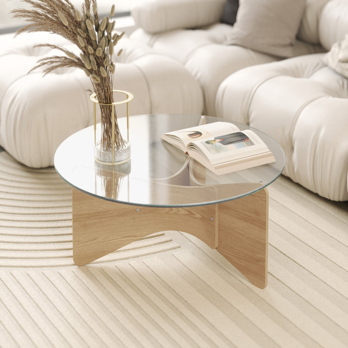 Table à café ronde moderne Madera de Umbra en bois massif avec dessus en verre - naturelle