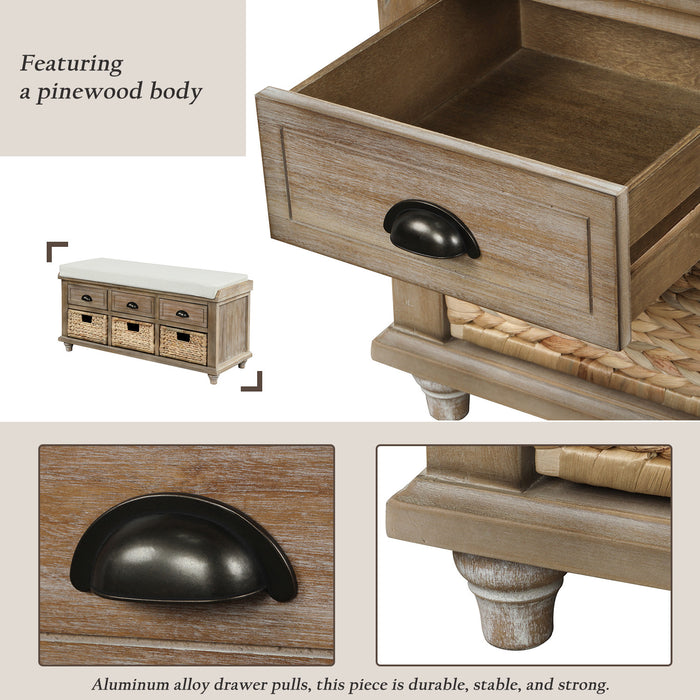 Banc De Rangement Harvey En Bois Massif Avec Tiroirs Et Paniers En Rotin - Marron clair