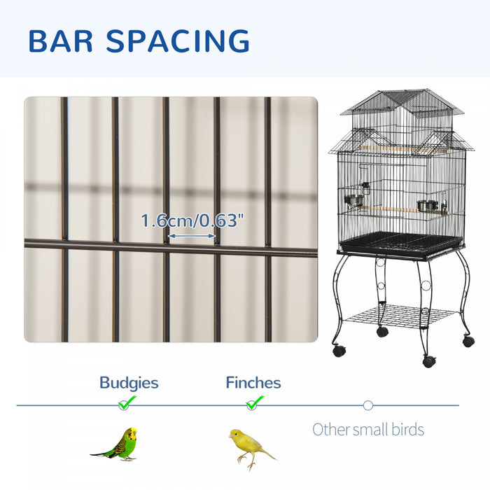 Pawhut 53,9\" Grande Cage A Oiseaux Roulante En Acier Avec Support Roulant Amovible, Etagere De Rangement, Perchoir En Bois, Recipient Alimentaire, Noir