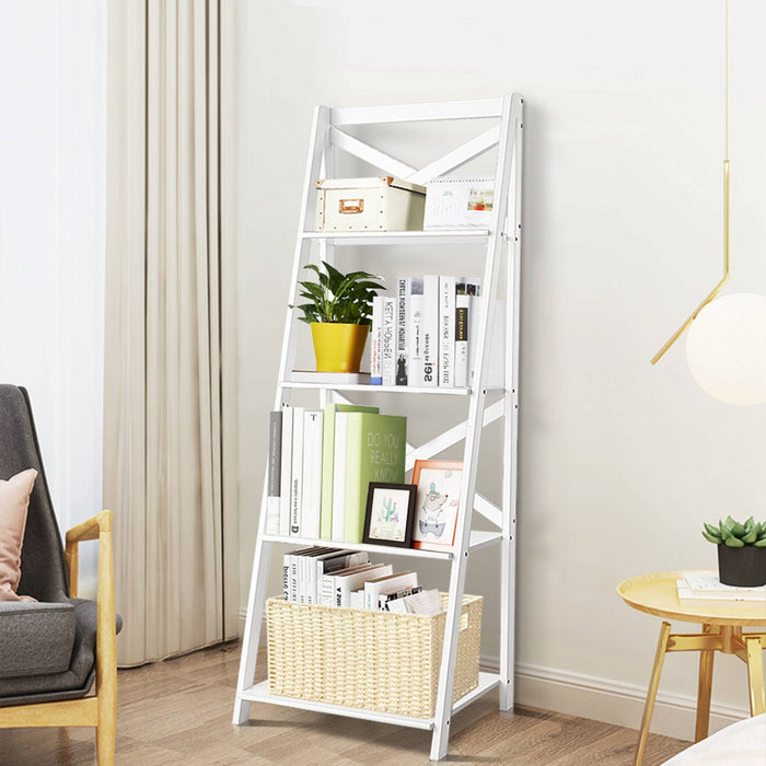 Echelle D'etagere En Bois Echelle Bibliotheque Style Moderne Avec 4 Tablettes Pour Plantes, Livres Support De Chaque Niveau 5kg 50,7x46x1x142,5cm Blanche/noir