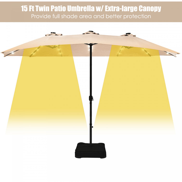 Costway Parasol de marche double-face solaire LED 15Ft Patio avec manivelle pied Beige