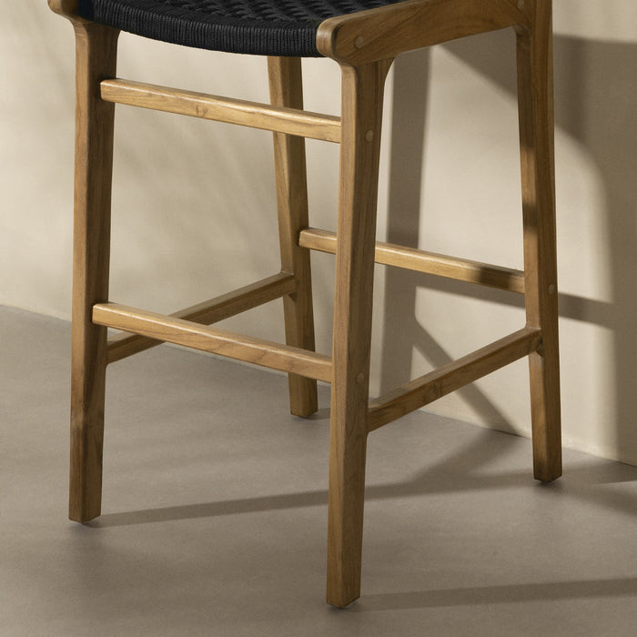 Tabouret bar Agave en teck et en corde tressée - noir et naturel