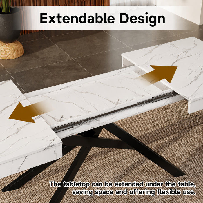 FlexDine Table a Manger Rectangulaire Extensible 55-71 po avec Pieds Croises et Finition Effet Marbre, Marbre Blanc