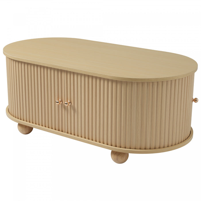 Ethan table basse ovale – table basse avec portes coulissantes et rangement cache, bois naturel