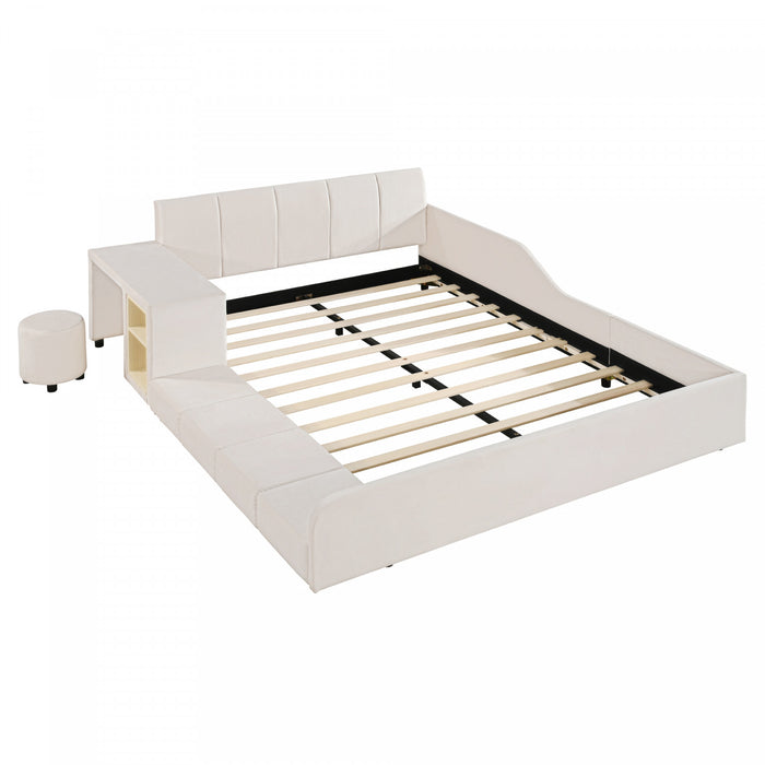 Lit Lily en velours rembourre avec bureau et tabouret, taille Full, beige