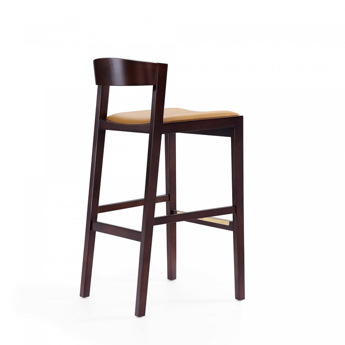Tabouret de bar en bois rembourre style Klismos mi-siecle moderne, coloris camel - Lot de 2