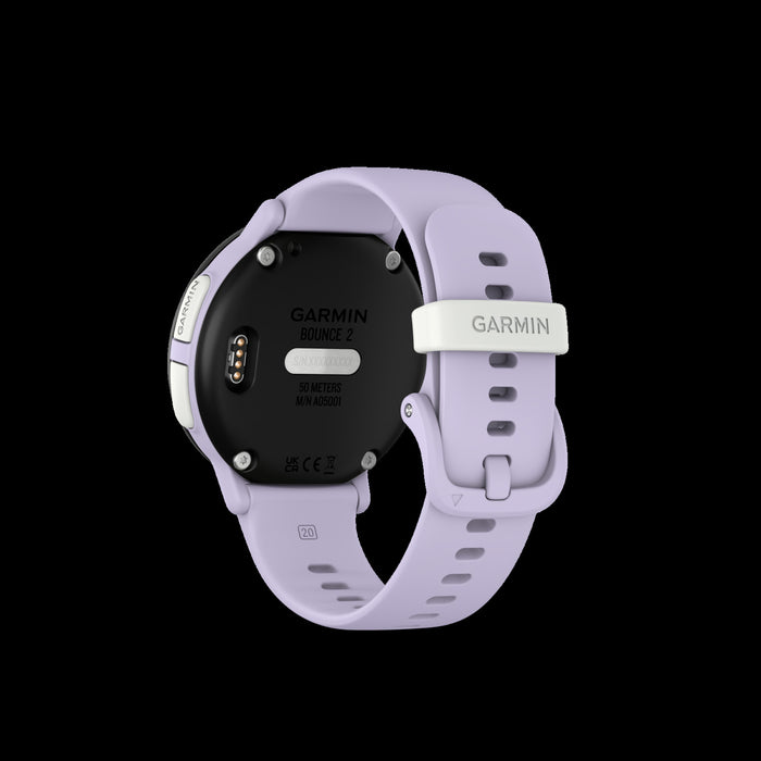 Montre intelligente pour enfants Garmin Bounce 2 Violet clair - Vetement sur, suivi sportif GPS, surveillance du sommeil, commandes vocales, themes amusants, quiz educatifs