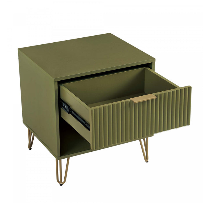 Table de nuit moderne Dumbo 20\" cannelee en vert olive (1 tiroir) - Lot de 2
