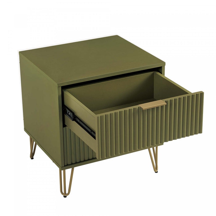 Table de nuit moderne Dumbo 20\" a cannelures, vert olive (2 tiroirs) – Lot de 2