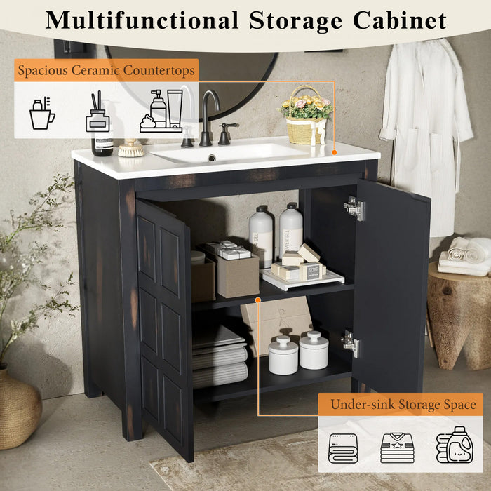 Meuble De Salle De Bain Laura 36\" En Bois Massif Avec Lavabo En Ceramique, Espresso