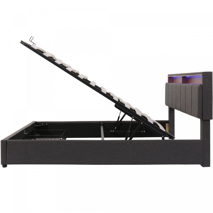 Lit de stockage hydraulique rembourre Kelly avec tete de lit eclairee LED et tiroirs integres, taille Queen, gris