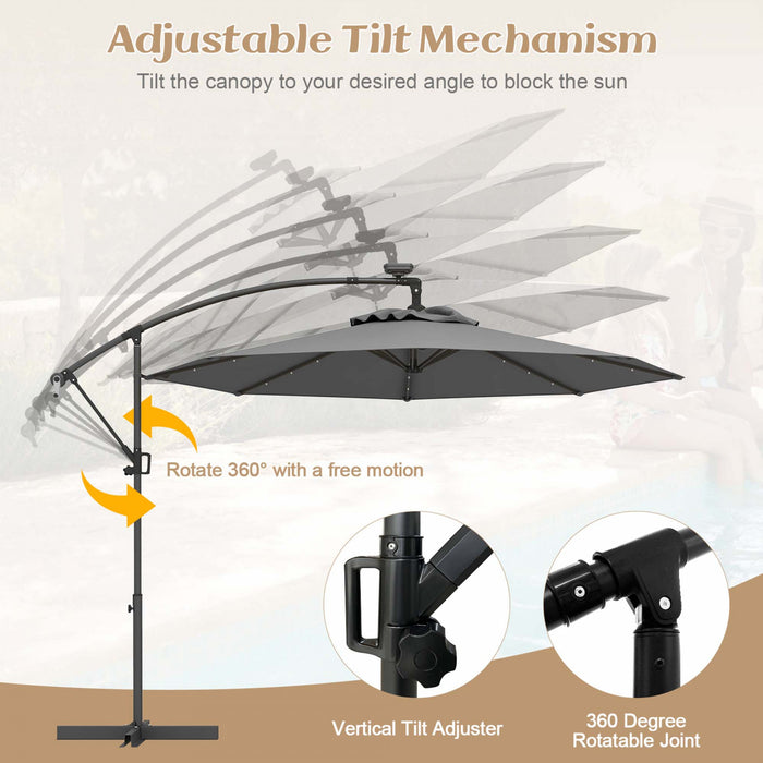 Parasol deporte Costway 10 pieds avec eclairage solaire LED, rotation 360°, gris