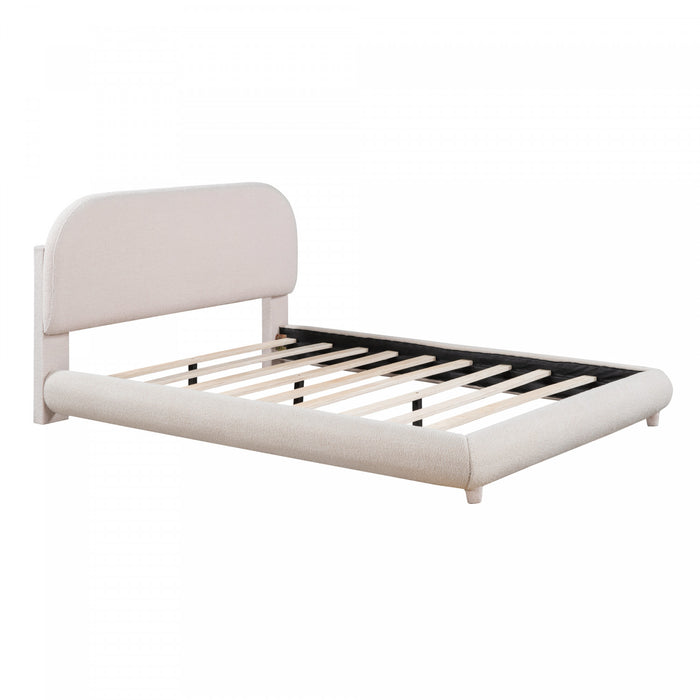 Lit plateforme Sophie rembourre en polaire Teddy avec tissu doux et cadre robuste, taille Queen, beige