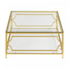 Gleam 33.5 Inch Square Tempered Glass Coffee Table with Geometric Gold Frame and Lower Shelf, Transparent | Gleam Table Basse Carree en Verre Trempe 33.5 po avec Cadre Geometrique Dore et Etagere Inferieure, Transparent