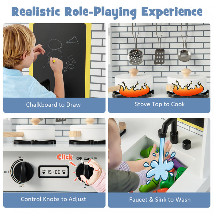 Ensemble De Cuisine De Jeu, Jouet De Cuisine En Bois Avec Tableau Noir Supplementaire, Belles Fenetres, Etageres De Rangement Et Crochets, 5 Pieds En Bois Massif, Ensemble De Cuisine Fictive Pour Les Tout-petits De 3 Ans Et Plus, Blanc