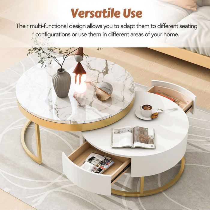 Table Basse Gigogne Moderne Herman De 31,5\" Avec Tiroirs De Rangement, Blanche