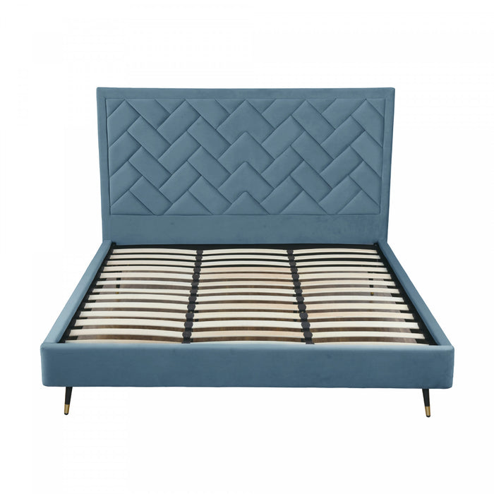 Lit king moderne Crosby en velours bleu capitonne