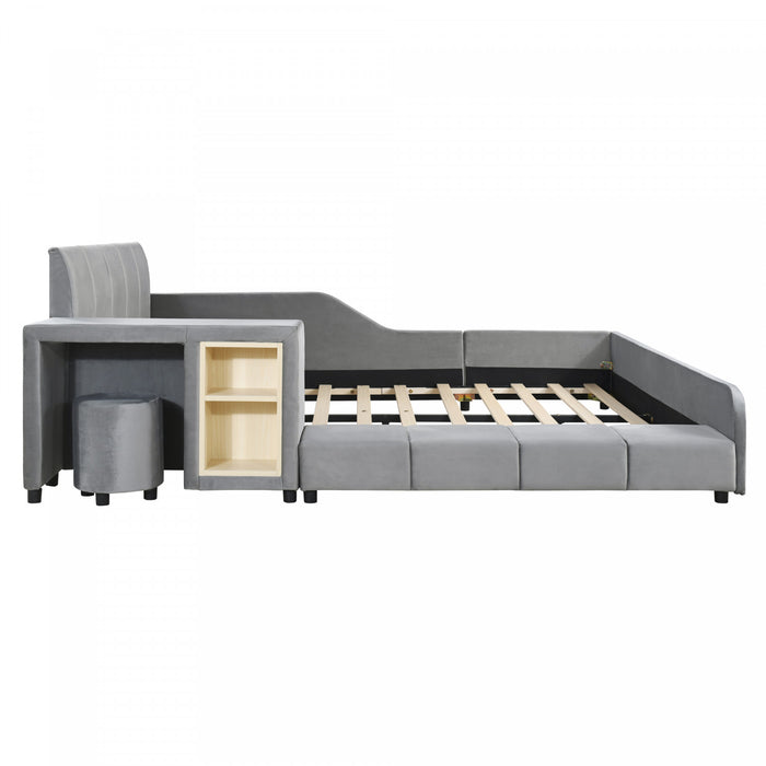 Lit Lily en velours rembourre avec bureau et tabouret, taille Queen, gris