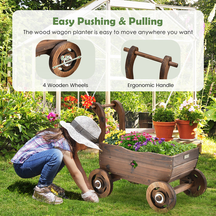 Jardiniere En Bois En Forme De Brouette, Chariot Decoratif Avec Roues, Poignees, Trou De Drainage, Support De Pot De Fleurs Roulant, Pot De Fleurs Rustique, Interieur Et Exterieur, Jardin, Terrasse, Balcon,