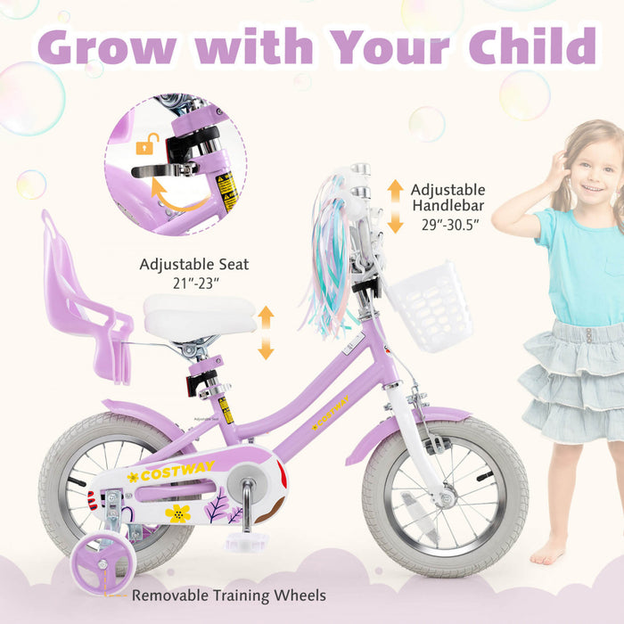 Costway 14 Pouces Enfants Velo Avec Roues D'entrainement Poupee Siege Panier Streamers Frein A Main Violet