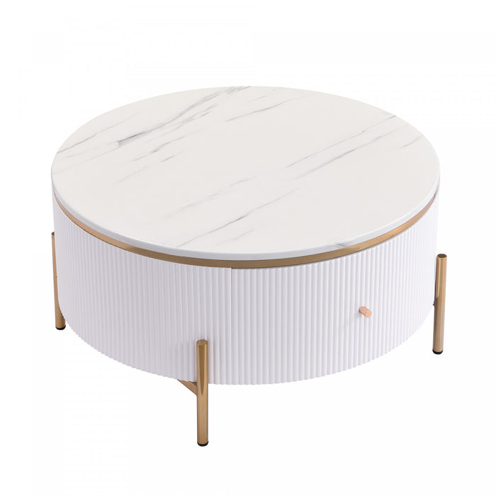 Table Basse Ronde Moderne Nelson De 31,5\" Avec 2 Tiroirs De Rangement, Blanche