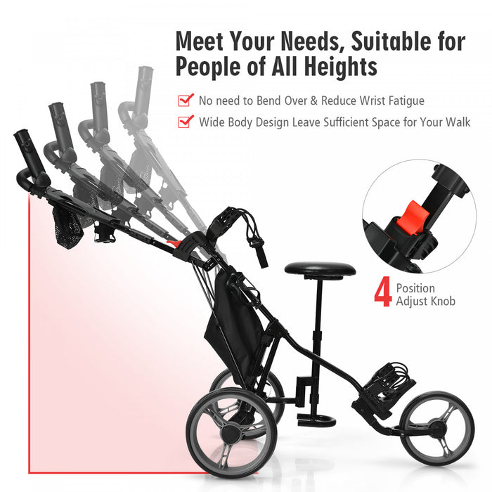 Goplus Pliant 3 Roues Golf Push Cart W/seat Tableau De Bord Poignee Reglable Gris