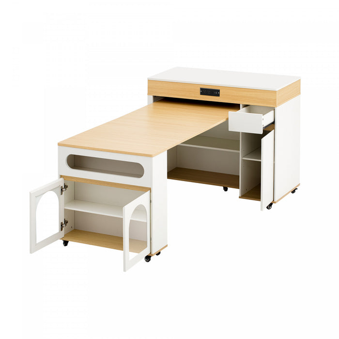 Table a manger extensible Avery avec ilot de cuisine roulant, blanc