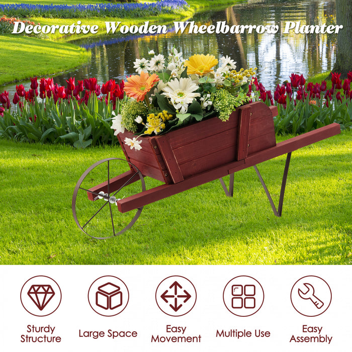 Chariot De Fleur Rustique Interieur/exterieur Decoratif De Planteur De Wagon En Bois Costway Avec Roue Rouge