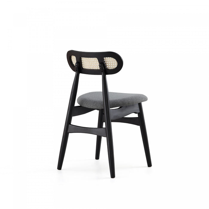 Chaise de salle a manger Colbert Industry Chic a dossier cannage en bois et assise rembourree, noir et gris - Lot de 4