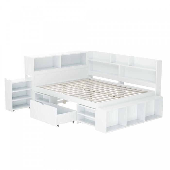 Banquette-lit multifonction Ethan avec rangement integre, tiroirs et bibliotheque, taille full, blanc