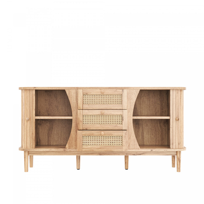 James 55.3\" Cabinet Moderne Minimaliste en Bois avec Portes Coulissantes et Etageres Ajustables, Naturel