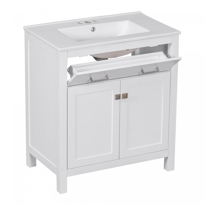 Meuble de salle de bain moderne Baker 30 pouces avec lavabo ceramique et rangement, blanc