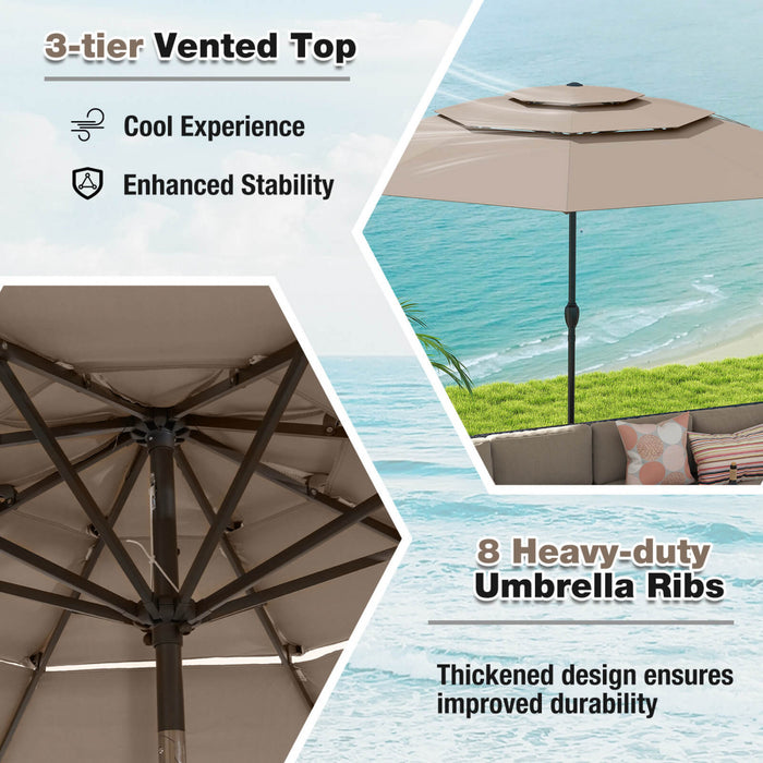 Costway Parasol de patio ventile a 3 niveaux de 10 pieds, grand parasol de table de marche, ombre solaire exterieure marron