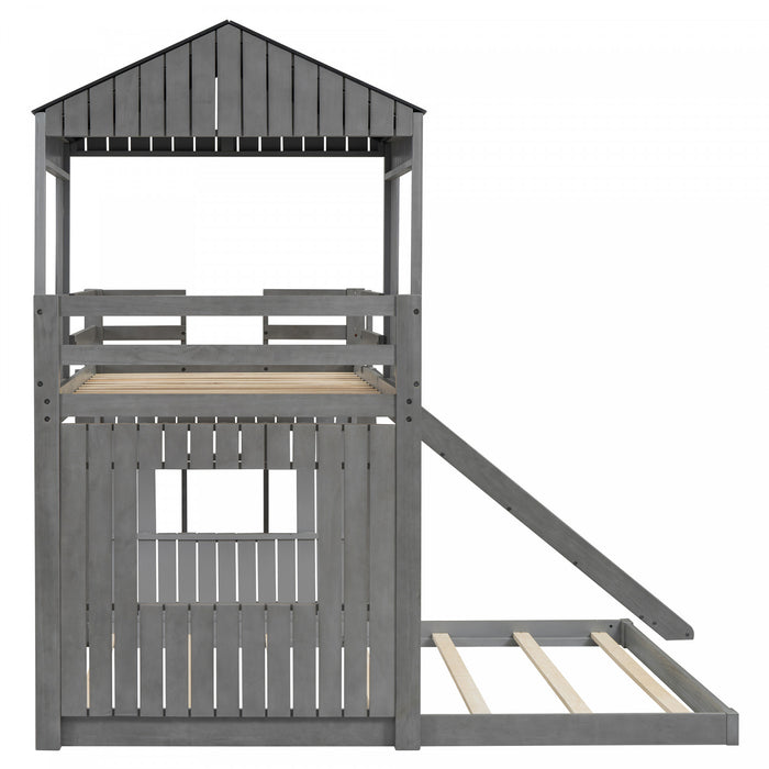 Lit Superpose Marico En Bois Massif, Taille Simple En Haut Et Double En Bas, Avec Toboggan, Design Maison De Jeu, Gris Antique