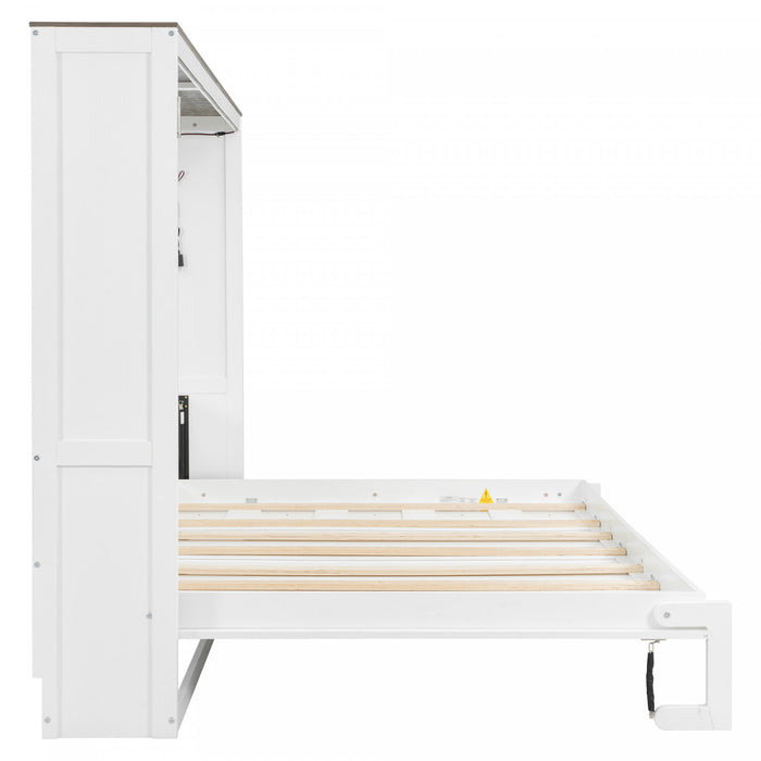 Lit escamotable Olivia en bois massif avec lumiere LED et armoire pliante, taille full, blanc