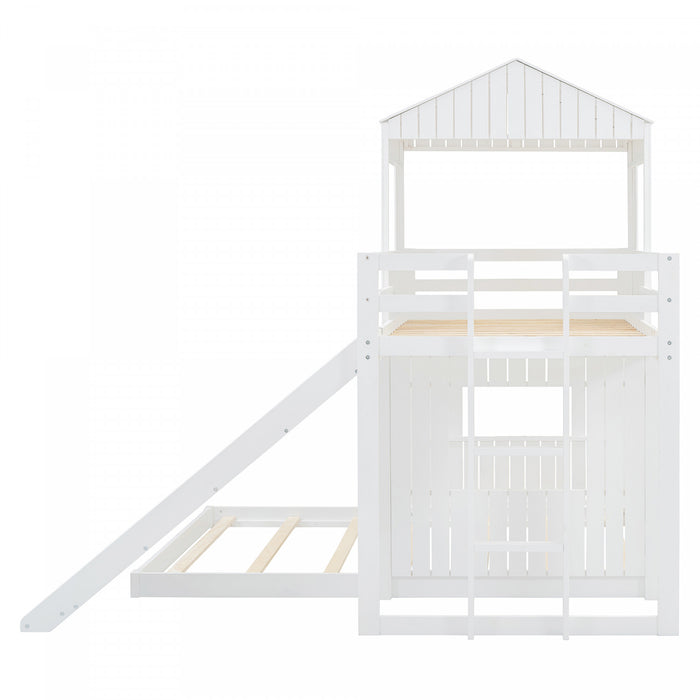 Lit Superpose Marico En Bois Massif, Taille Simple En Haut Et Double En Bas, Avec Toboggan, Design Maison De Jeu, Blanc