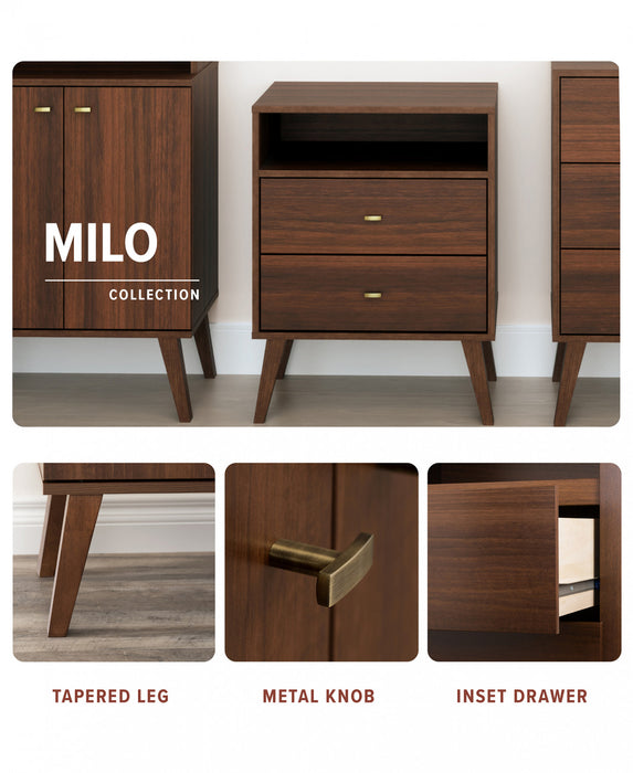 Bibliothèque moderne du milieu du 20e siècle Milo avec 6 tablettes, 2 portes et poignées au fini laiton brossé - cerisier