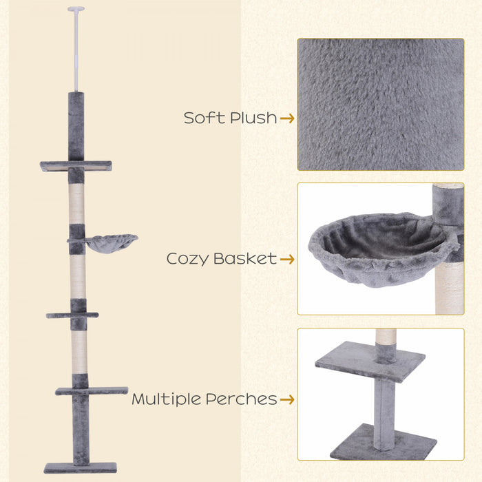 Pawhut Arbre D'escalade Pour Chat De 8,5 Pieds Centre D'activites Kitty A 5 Niveaux Jouet D'escalade Pour Chat Du Sol Au Plafond Avec Poteau A Gratter Meubles Pour Animaux Gris