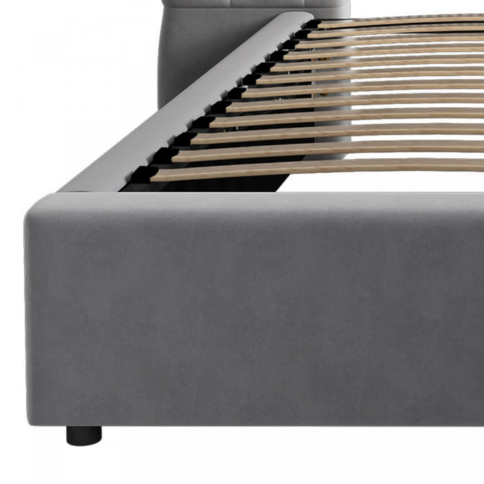 Lit de luxe rembourre en velours doux Malcolm avec tete de lit capitonnee en diamant et lampes de lecture, taille King, gris