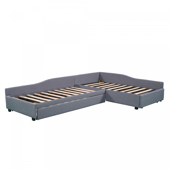 Tyler – Lit De Jour Rembourre En Tissu Aspect Lin Avec Lit Gigogne Et Rangement, Format Simple, Gris