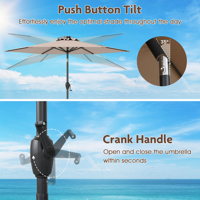Parasol solaire Costway 7,5 ft avec lumieres LED, inclinaison par bouton-poussoir, manivelle, marron
